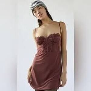 Urban Outfitters Brown Mesh Overlay Bustier Mini Dress